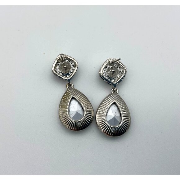 Formal Dangle Drop Rhinestone Bordered Green Faceted Square Teardrop Earrings - Picture 2 of 5